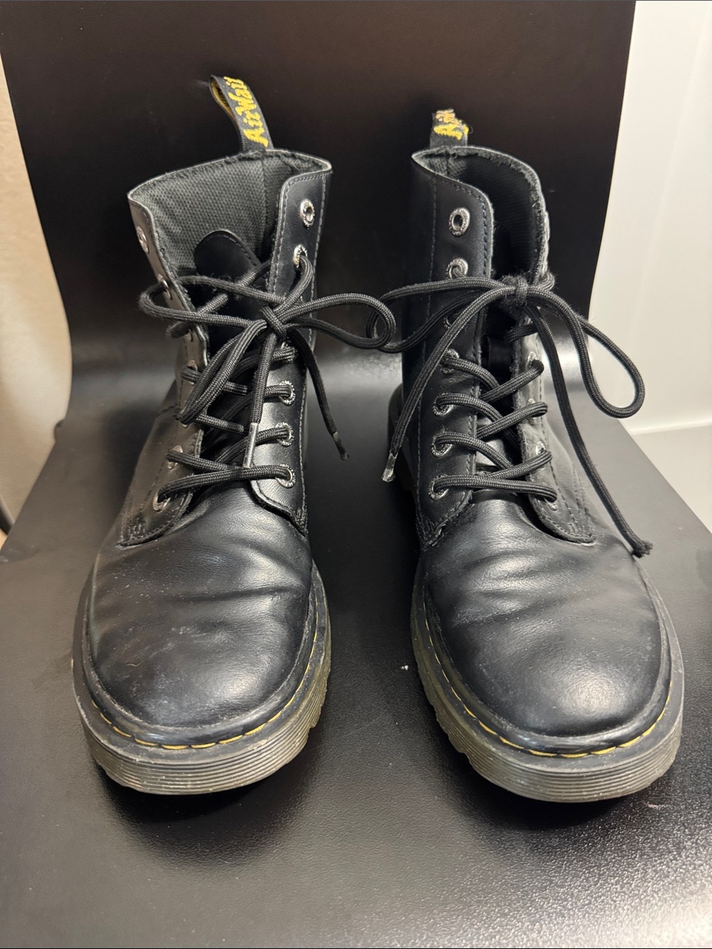 Doc Martens Black Lace-Up Combat Boots with Yellow Stitching Sz 8
